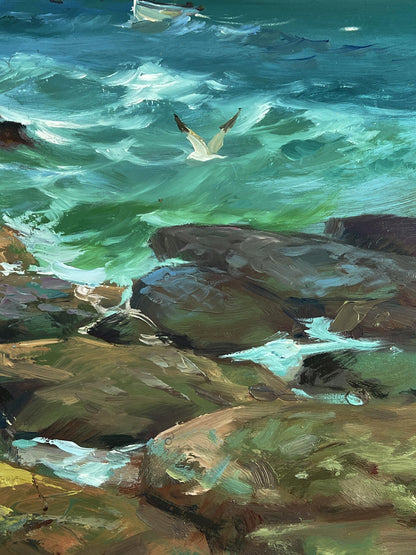 Oil painting by Yuriy Suprunchuk of white seagull soaring over turquoise waves on rocks
