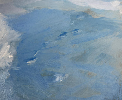 Quiet village in winter oil painting by Yuriy Suprunchuk, blue-gray abstract