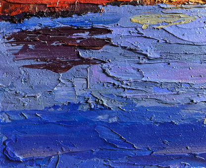 Oil painting Evening on the river by Boris Serdyuk with bold blue purple strokes