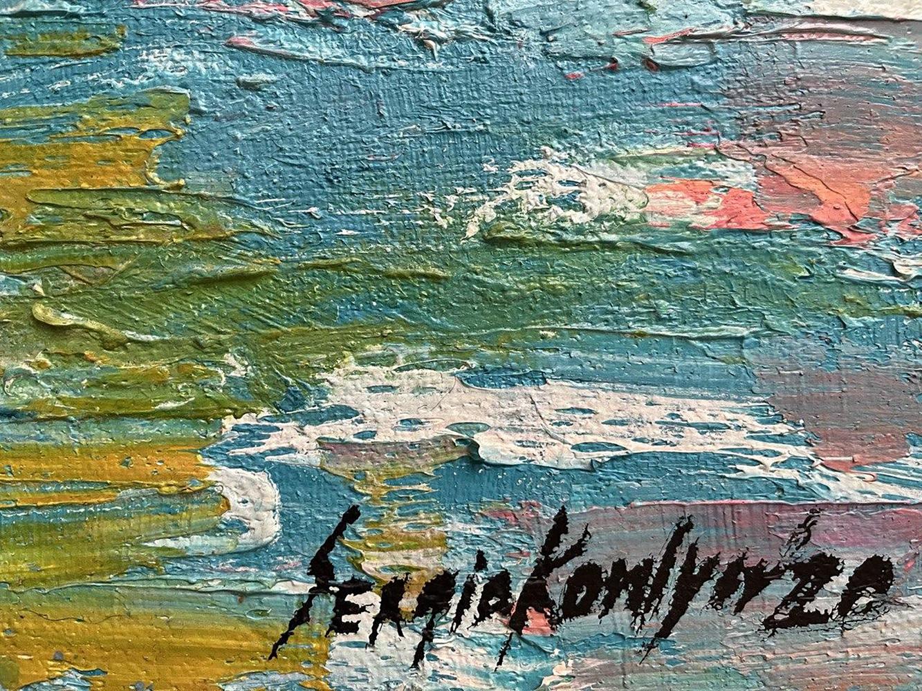 Textured abstract oil painting Spots by Serhiy Kovalev in blue green yellow pink