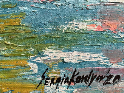 Textured abstract oil painting Spots by Serhiy Kovalev in blue green yellow pink