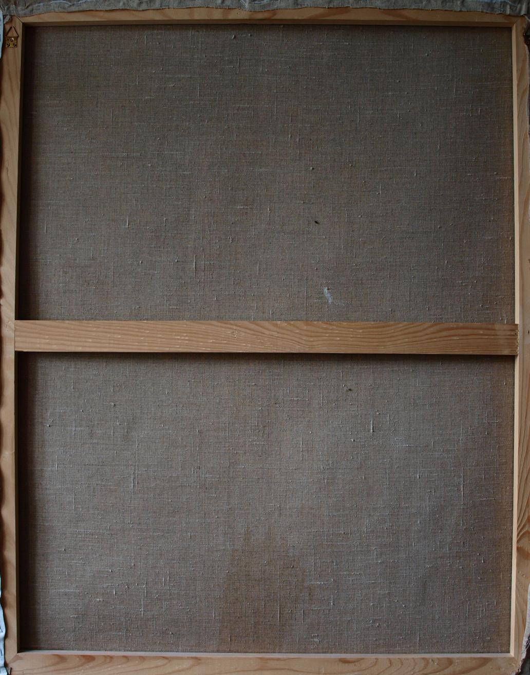 Back of Oil painting Shiva by Konsta G. Amelinn on wooden frame with gray linen and support bar