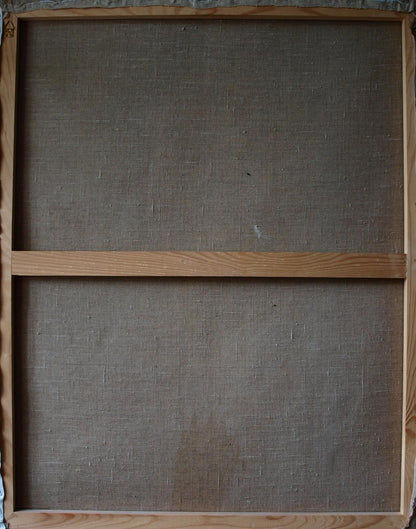Back of Oil painting Shiva by Konsta G. Amelinn on wooden frame with gray linen and support bar
