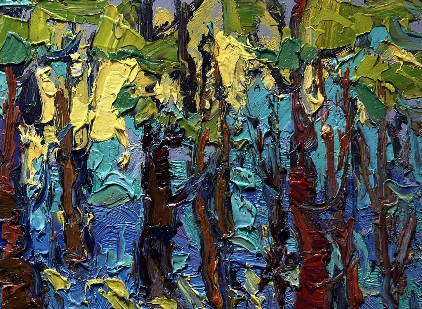 Vibrant impressionist oil painting A walk through the morning forest by Oksana Ivanyuk