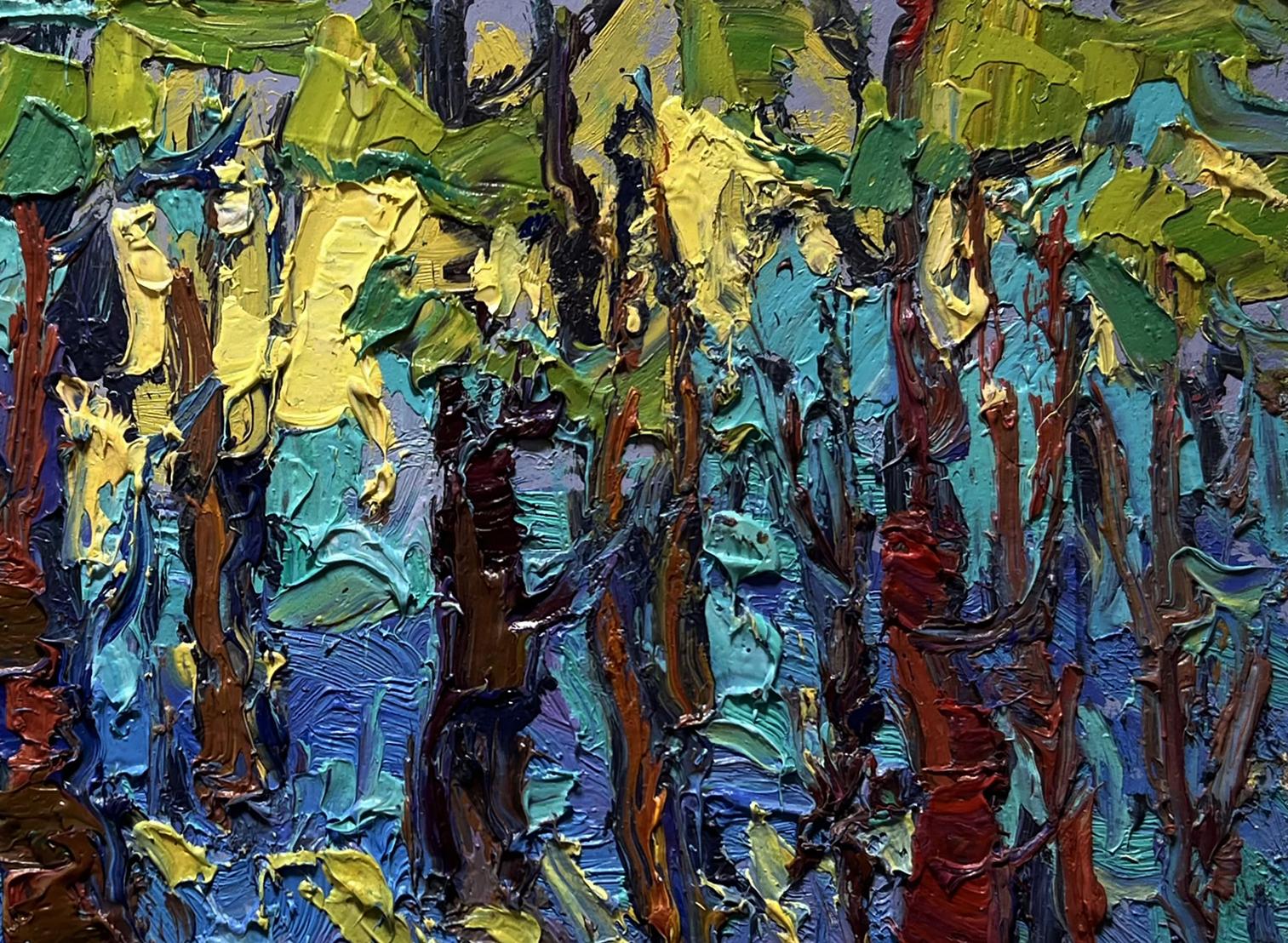 Vibrant impressionist oil painting A walk through the morning forest by Oksana Ivanyuk