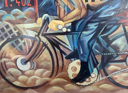 Abstract oil painting By bike by V. Konotopsky, cyclist in blue pants