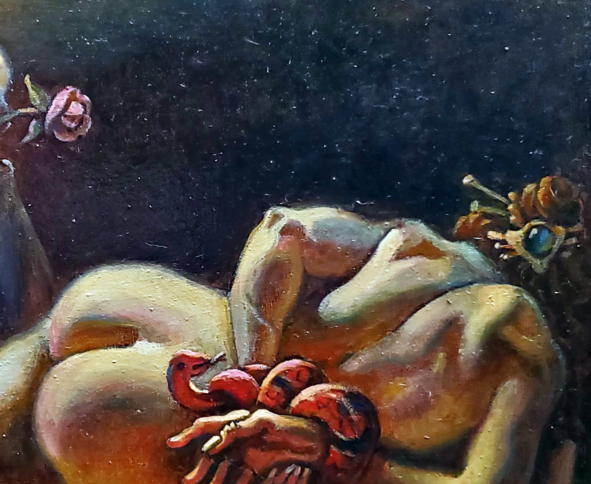 Dark textured oil painting of reclining nude by Daniil Litvinov with red fruit