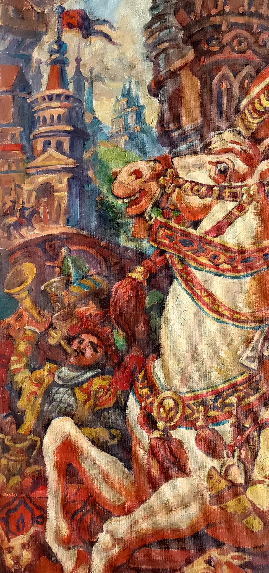 Oil painting of ornate white carousel horse by Daniil Litvinov