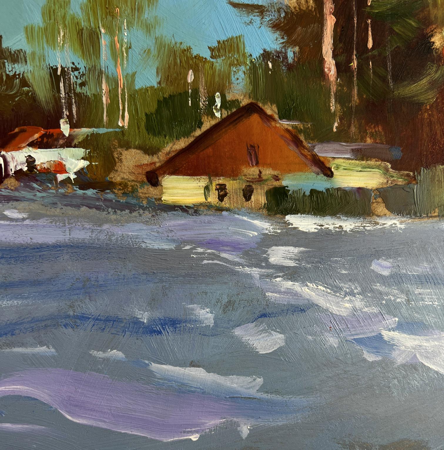 Oil painting Winter calm in the village by Yuriy Suprunchuk: rustic cabin by waterway