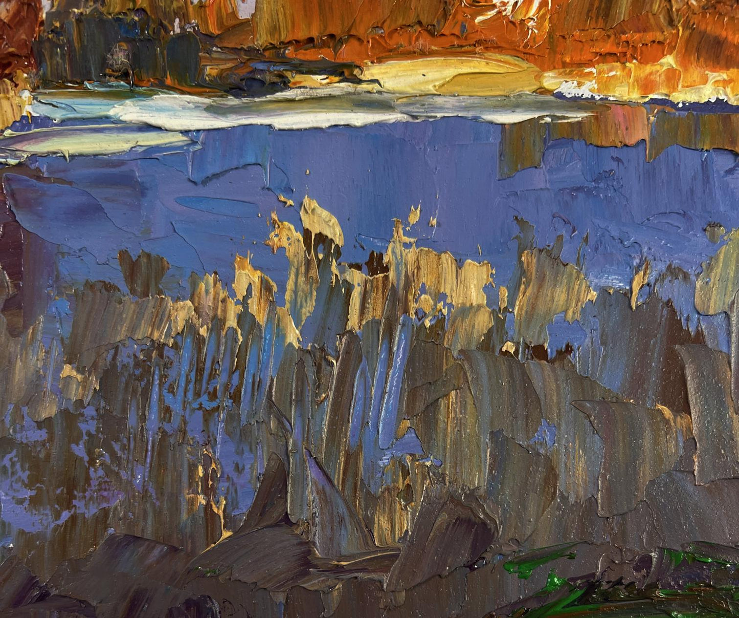 Textured oil painting Silent Cover by Boris Serdyuk, dramatic blue-orange landscape