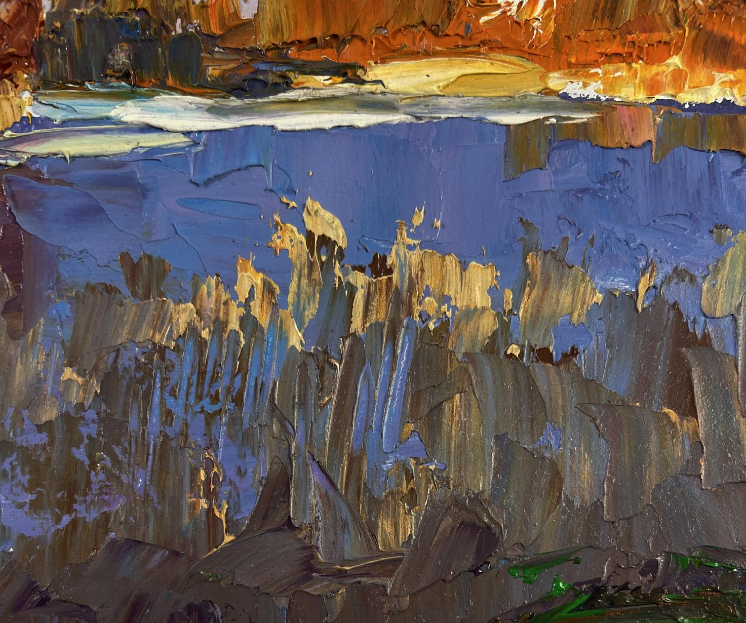Textured oil painting Silent Cover by Boris Serdyuk, dramatic blue-orange landscape