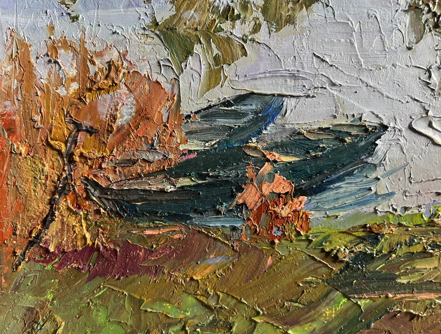 Oil painting of boats on the shore by Boris Serdyuk with impasto brushstrokes