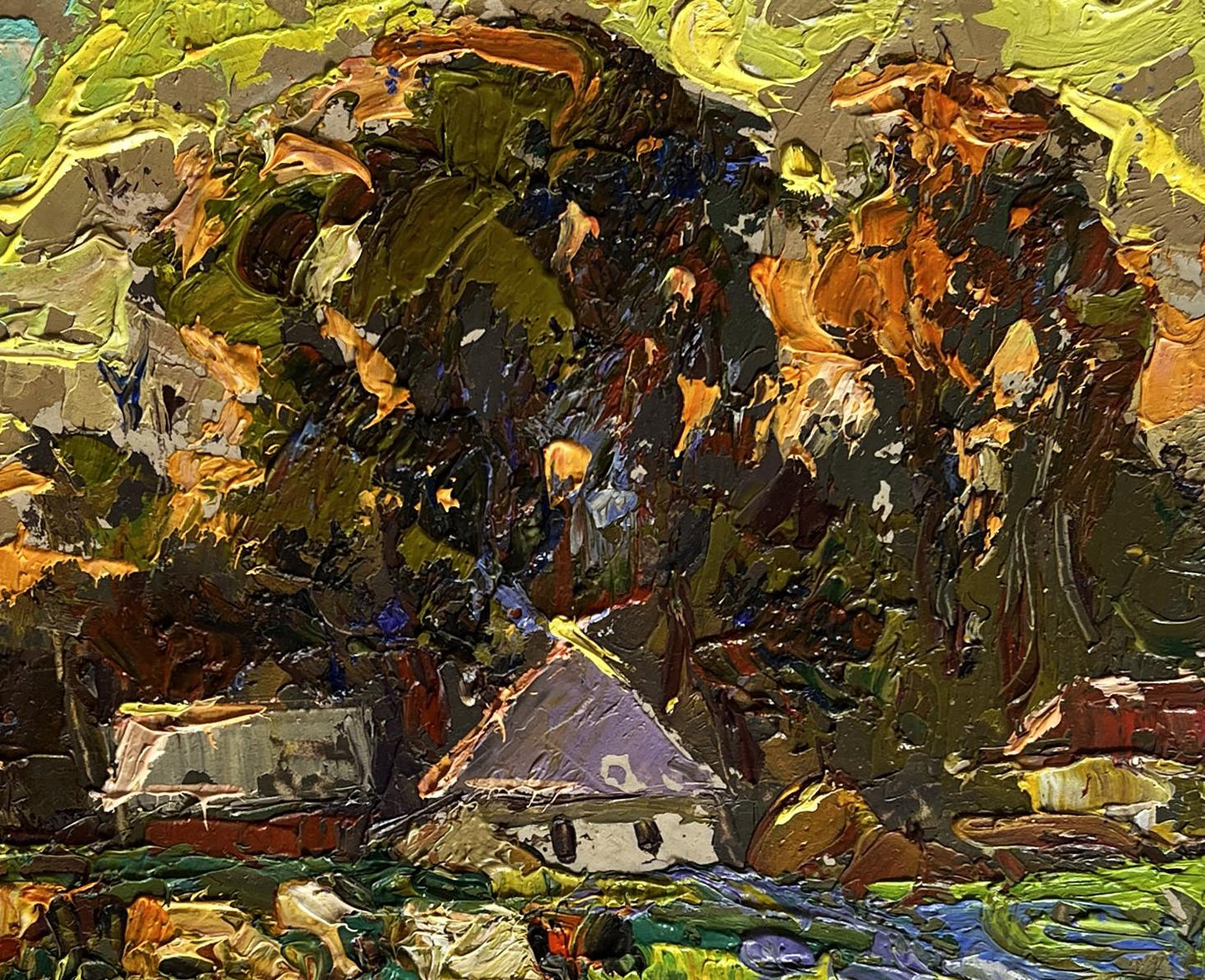Oil painting Along the green field by Oleksiy Ivanyuk: rustic house in foliage