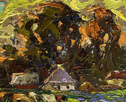 Oil painting Along the green field by Oleksiy Ivanyuk: rustic house in foliage