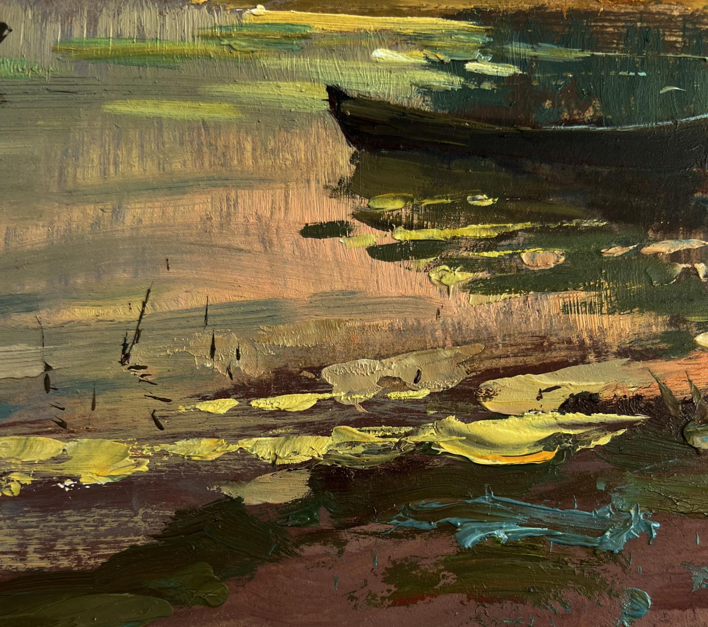 Oil painting of orange sunset over river by Yuriy Suprunchuk