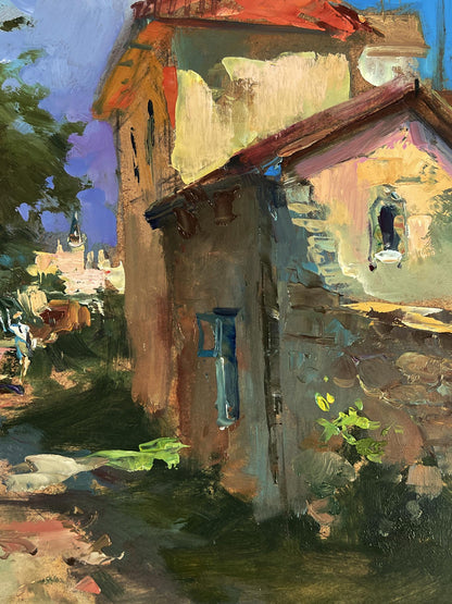 Oil painting of rustic stone house on city street by Yuriy Suprunchuk