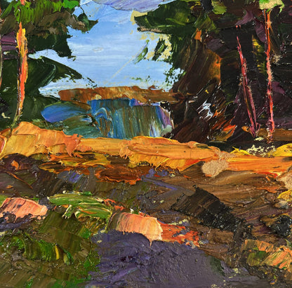 Vibrant impressionist oil painting of waterfall by Boris Serdyuk