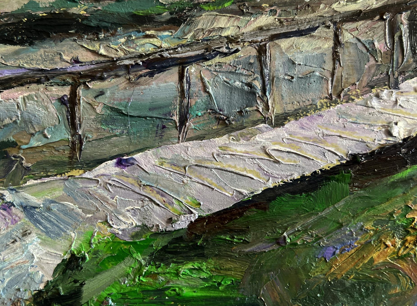 Oil painting Village Bridge by Boris Serdyuk, textured stone bridge in grays and greens