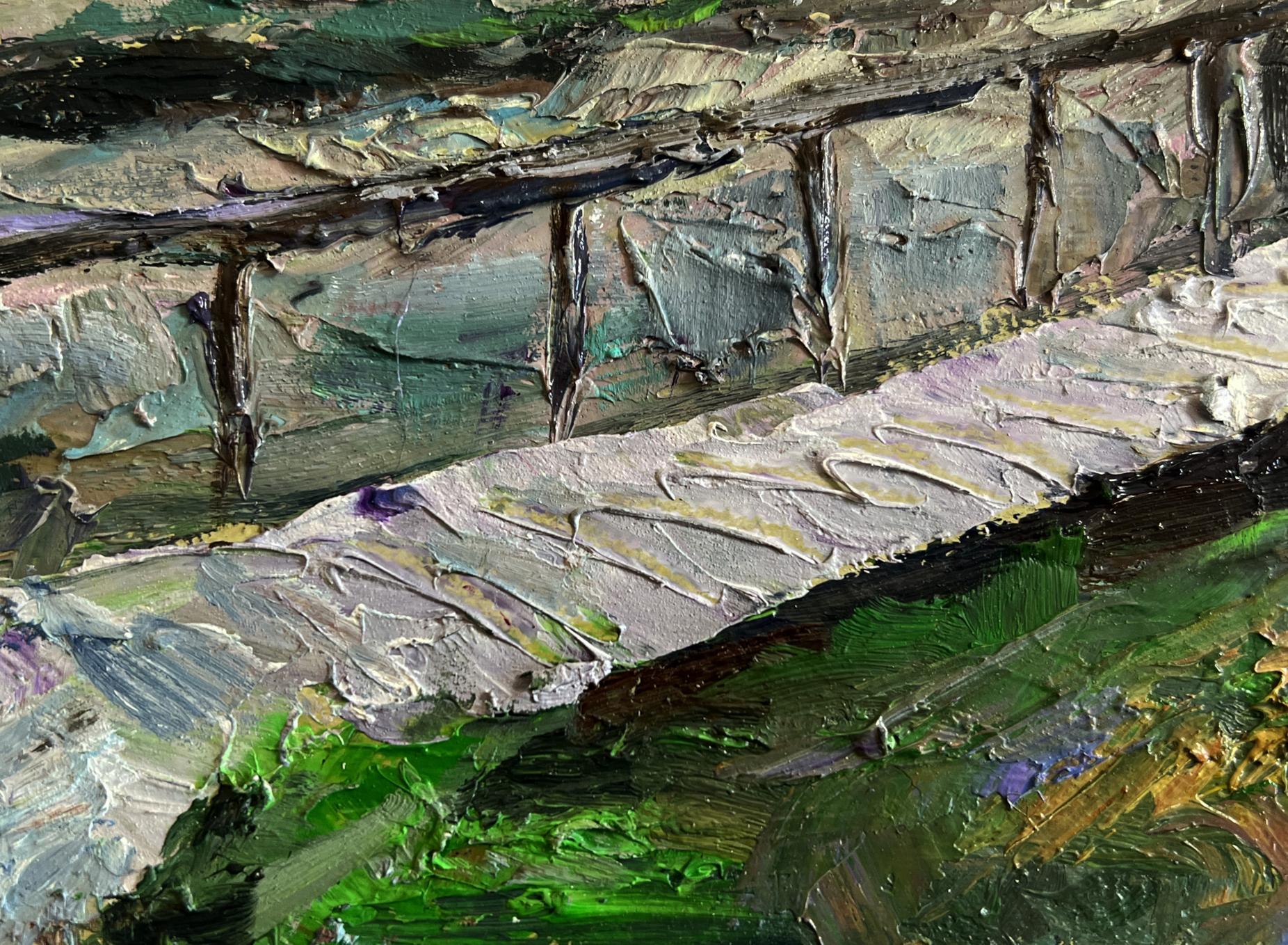 Oil painting Village Bridge by Boris Serdyuk, textured stone bridge in grays and greens