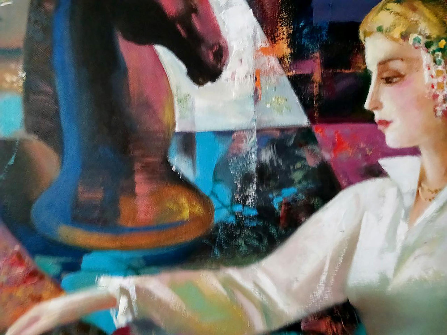 Abstract oil painting Queen Anatoly Tarabanov: woman in white, horse head