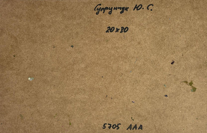 Back of Yuriy Suprunchuk oil painting Boats near the house with brown cardboard, handwritten markings and stamped numbers