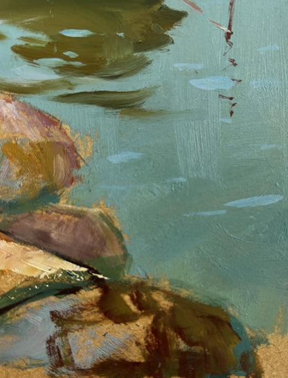 Oil painting of quiet village harbour rocks and water by Yuriy Suprunchuk