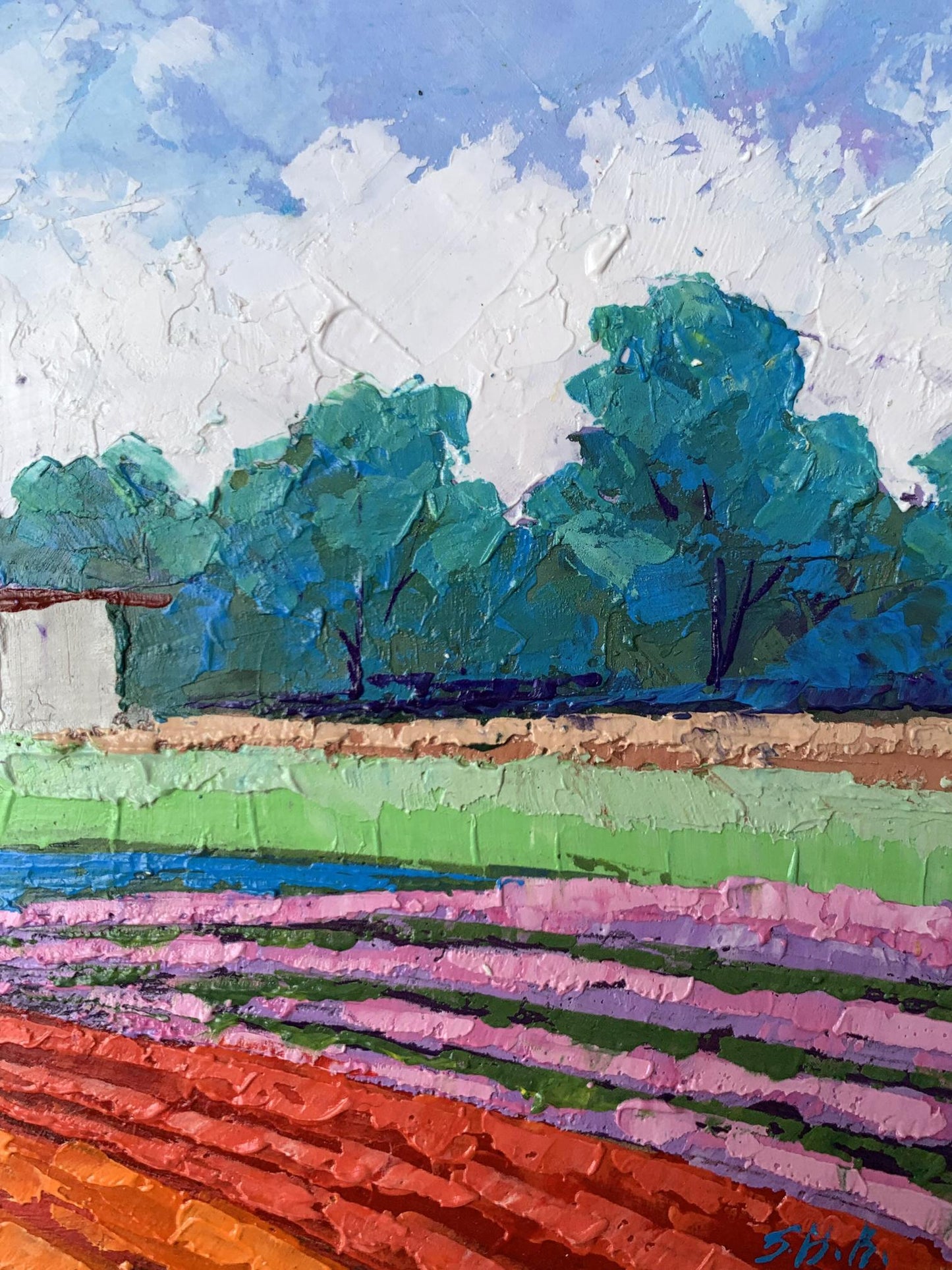 Vibrant impressionist oil painting by V. Zadorozhnya of house among trees and flowers