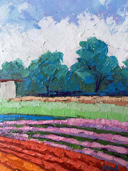 Vibrant impressionist oil painting by V. Zadorozhnya of house among trees and flowers