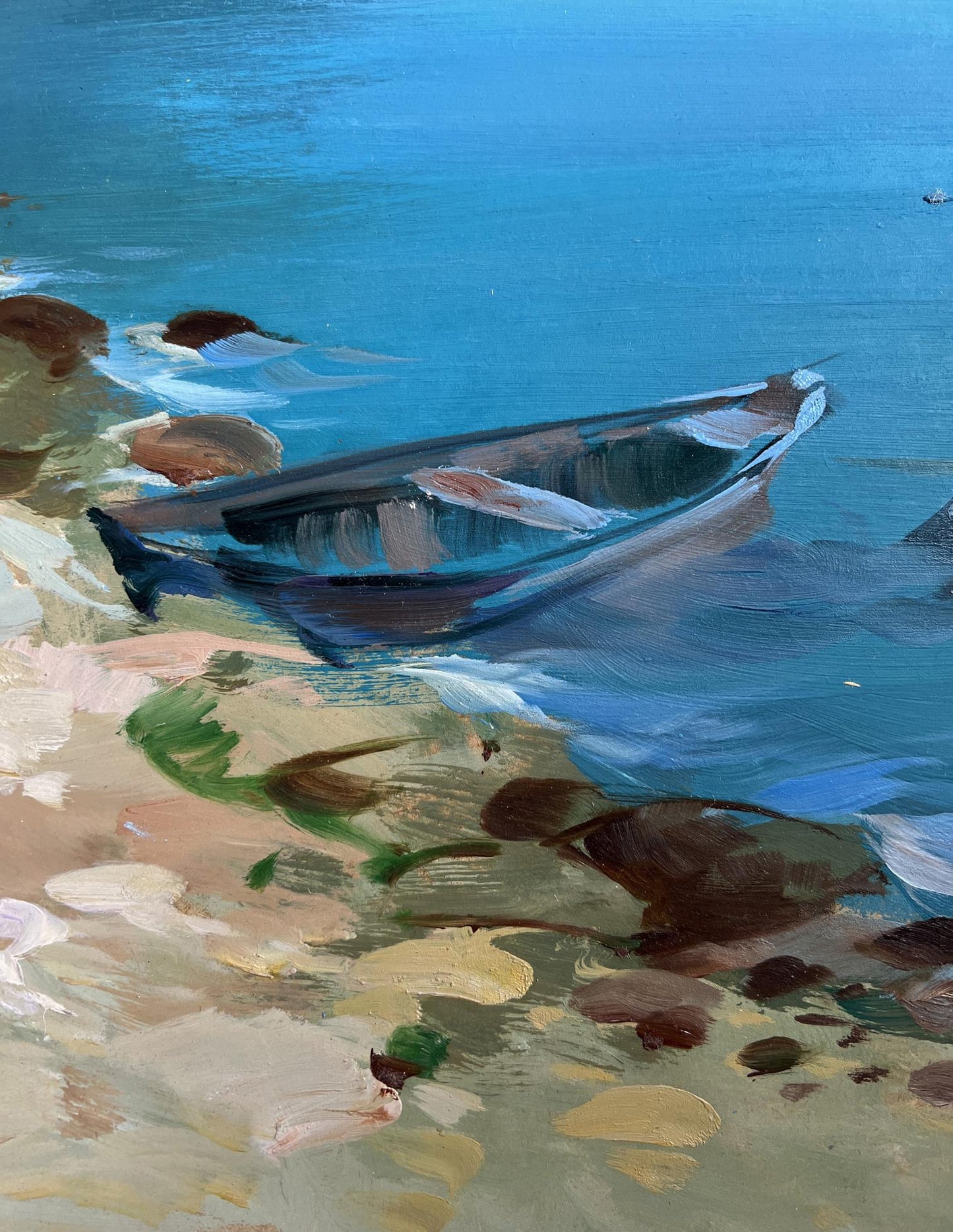 Oil painting of small wooden rowboat on turquoise shore by Yuriy Suprunchuk