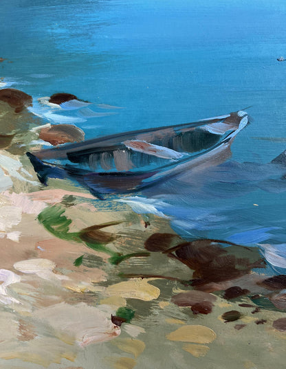 Oil painting of small wooden rowboat on turquoise shore by Yuriy Suprunchuk