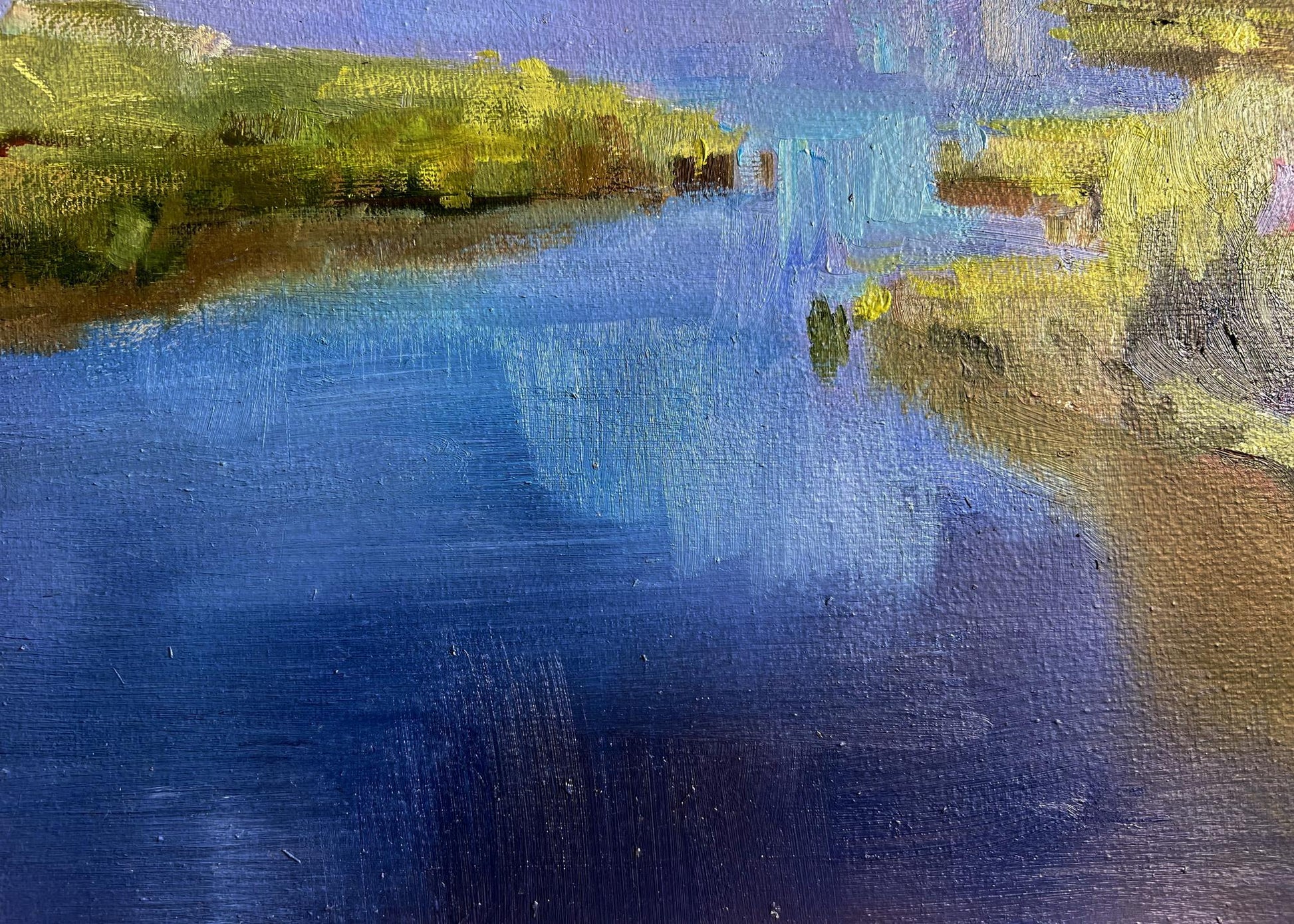 Oil painting of bright sunny summer day by Tatyana Derdey, serene river in blues and greens