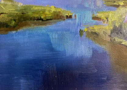 Oil painting of bright sunny summer day by Tatyana Derdey, serene river in blues and greens