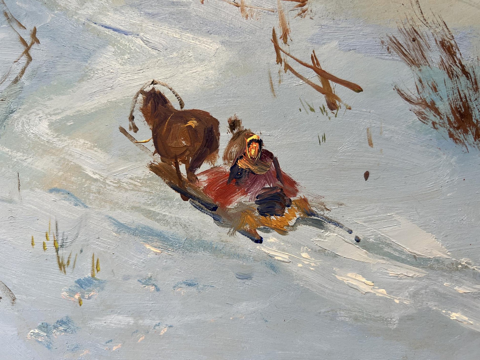 Cozy winter evening oil painting by Yuriy Suprunchuk: horse-pulled sled in snow