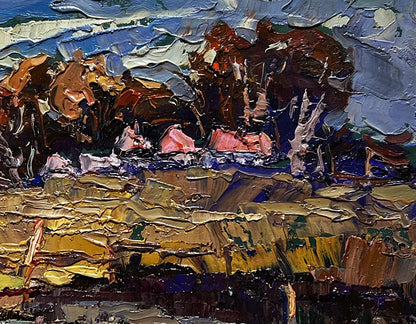 Impasto oil painting of pond near village by Oksana Ivanyuk