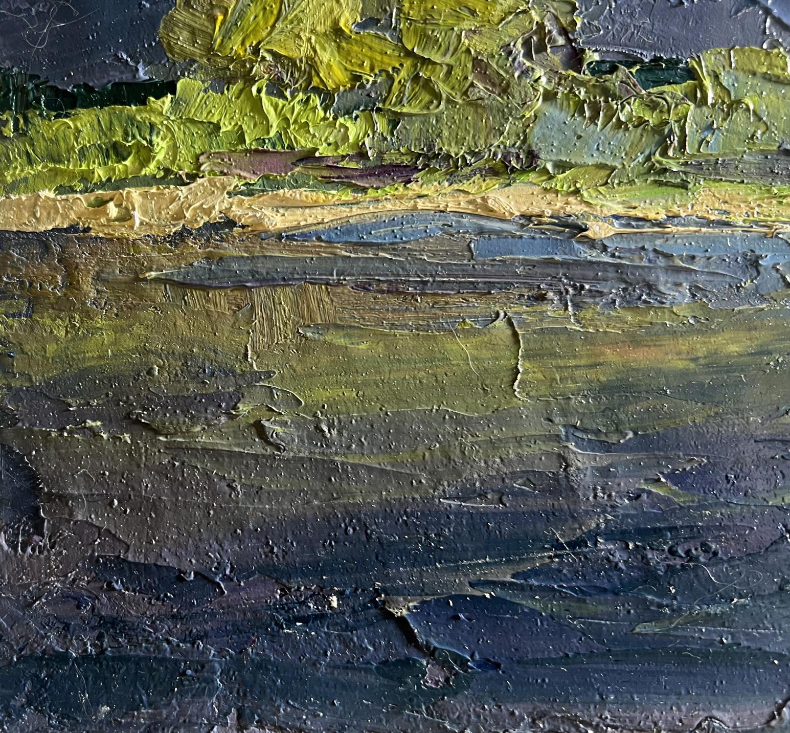 Oil painting Evening after a thunderstorm by Boris Serdyuk textured impasto green yellow navy