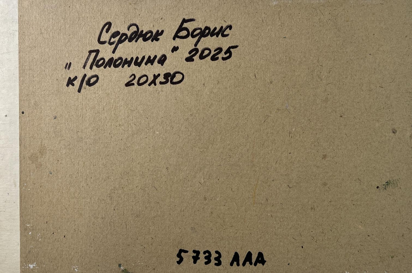 Back of Oil painting Mountain sunset Boris Serdyuk with handwritten label on beige cardboard