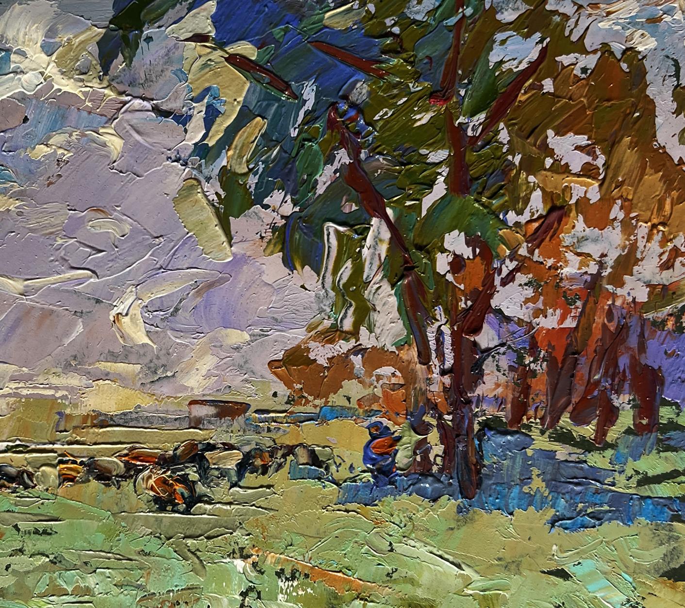 Oil painting Shepherd in the field by Oleksiy Ivanyuk vibrant tree art
