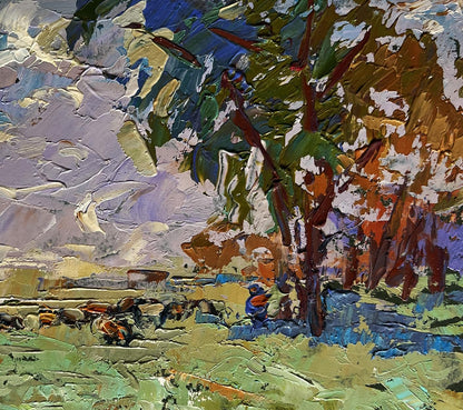 Oil painting Shepherd in the field by Oleksiy Ivanyuk vibrant tree art