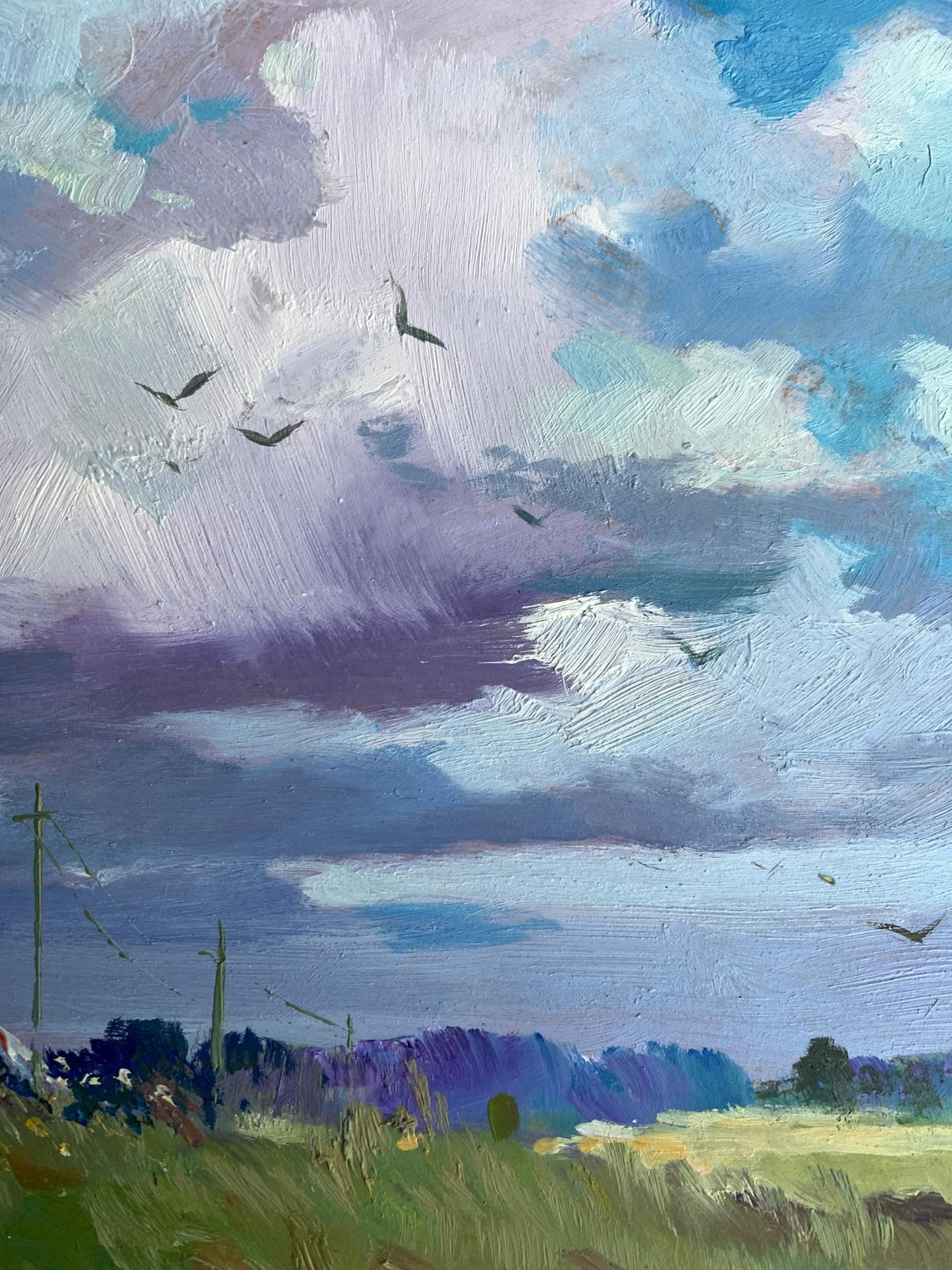 Oil painting In the village field by Yuriy Suprunchuk with swirling sky