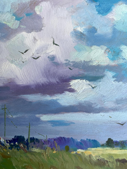 Oil painting In the village field by Yuriy Suprunchuk with swirling sky