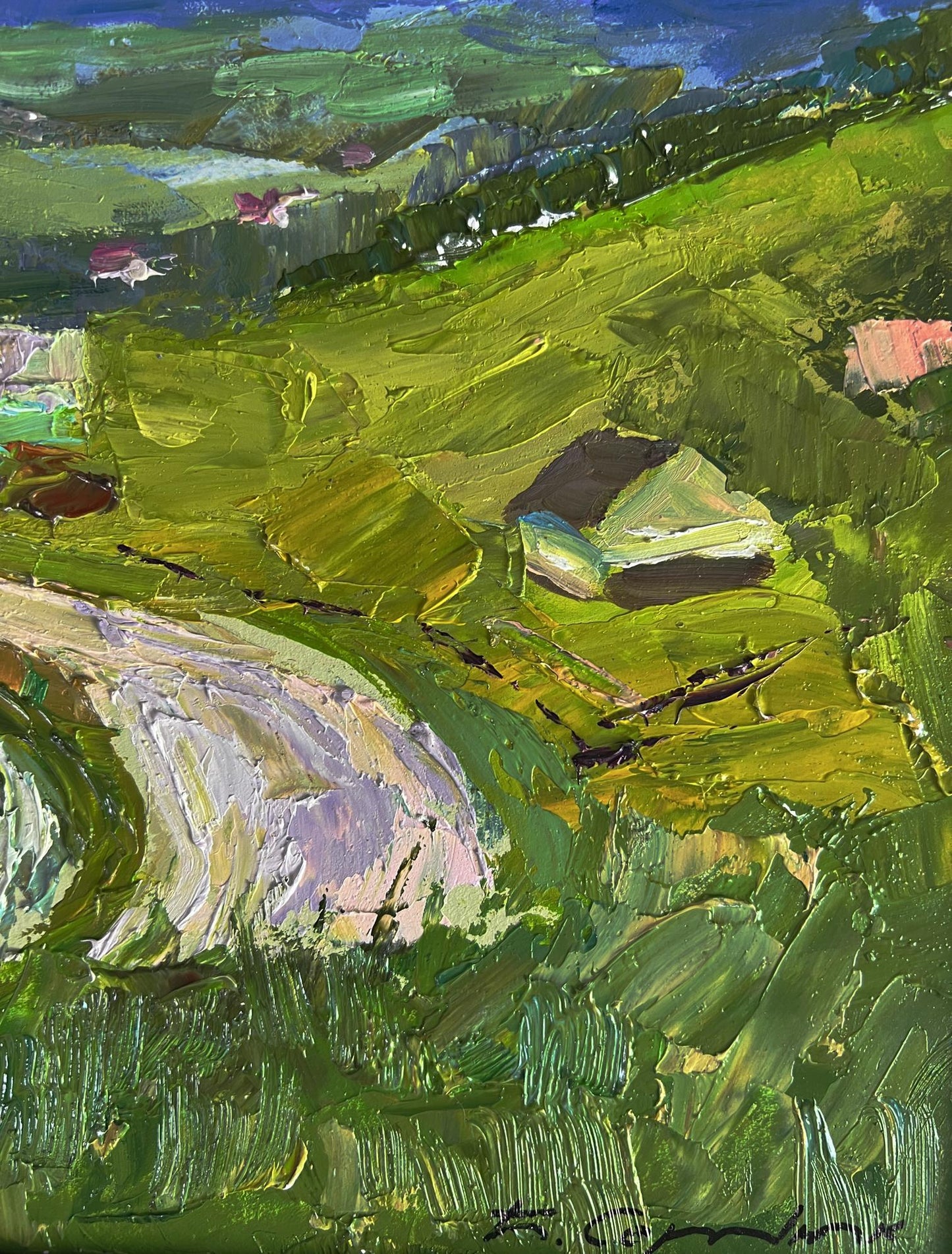 Vibrant impressionist oil painting by Boris Serdyuk of wavy mountain road