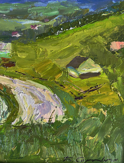 Vibrant impressionist oil painting by Boris Serdyuk of wavy mountain road