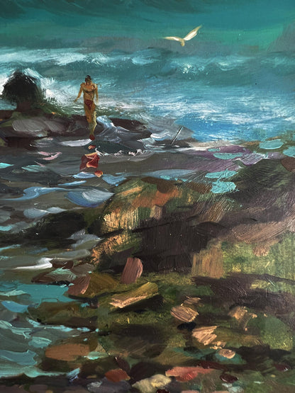 Oil painting by Yuriy Suprunchuk: woman in golden bikini wading turquoise shallows among rocks