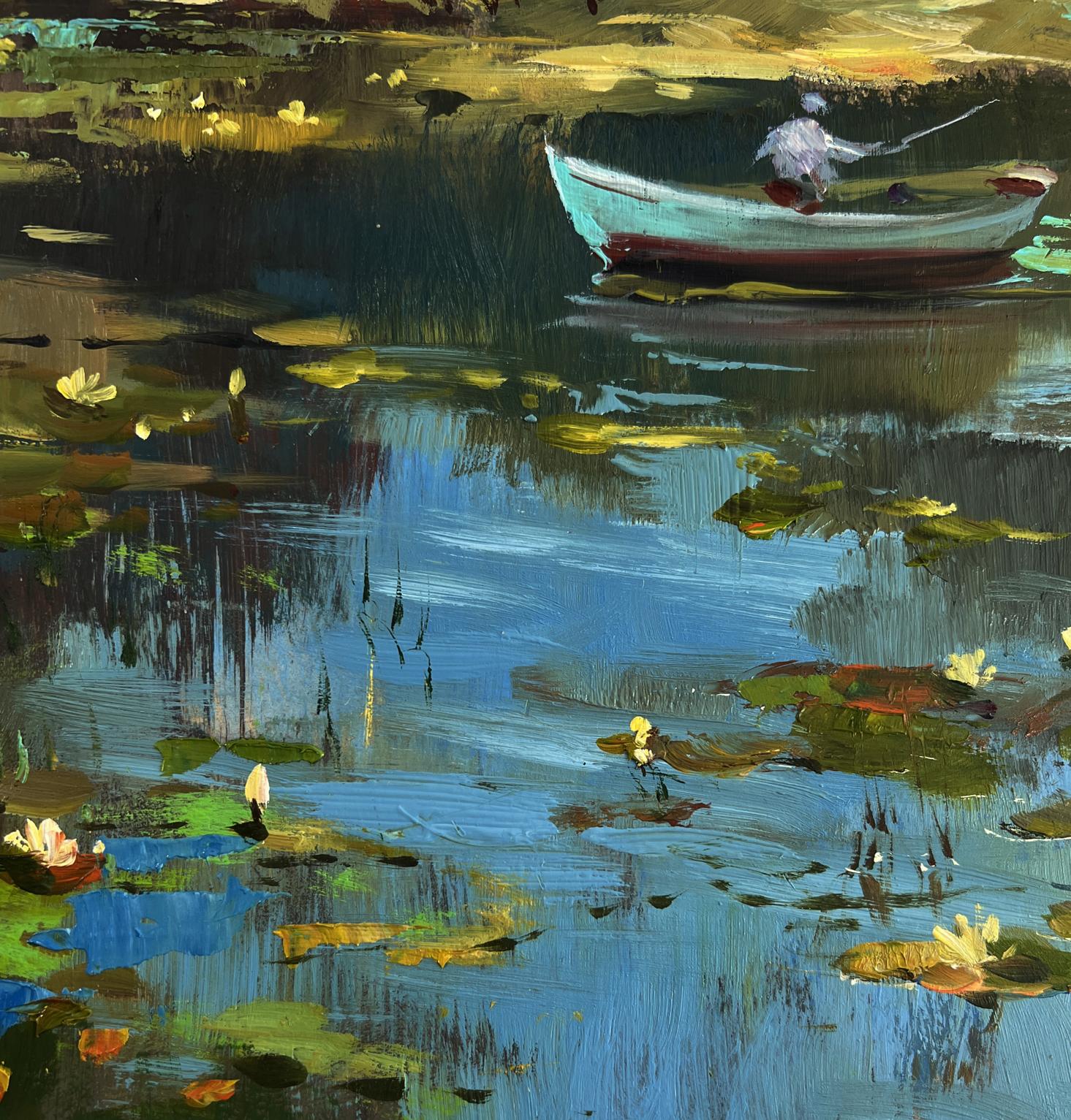 Quiet fishing oil painting by Yuriy Suprunchuk: light blue rowboat on lily pads