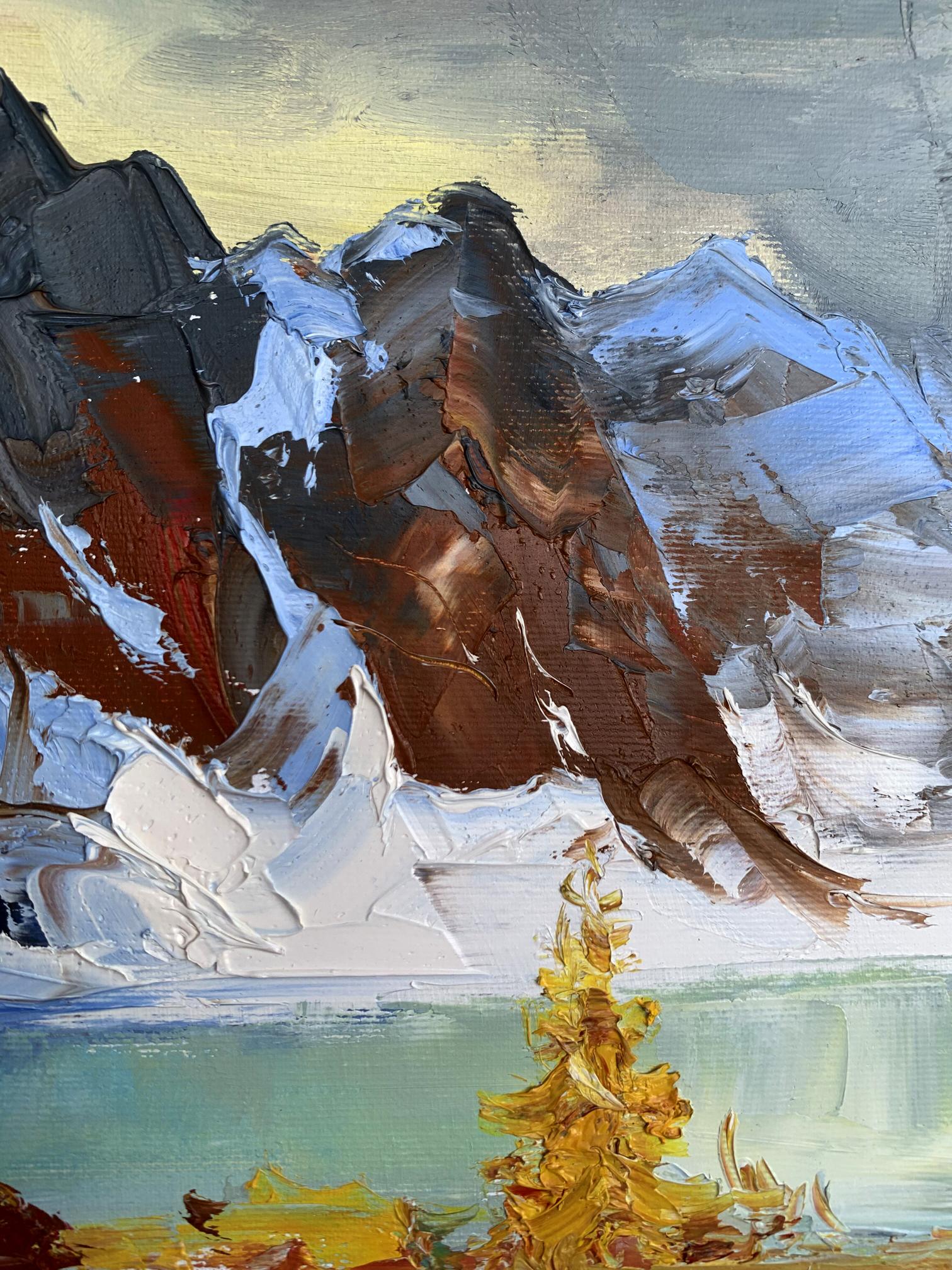Impressionistic oil painting of huge mountains by Tatyana Derdey