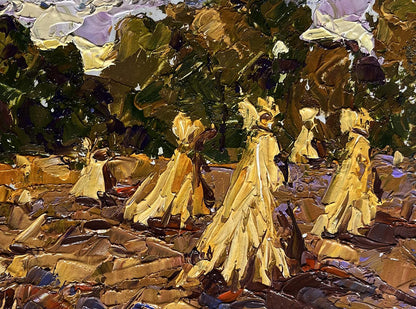 Impressionistic oil painting by Oleksiy Ivanyuk of haystacks in fields