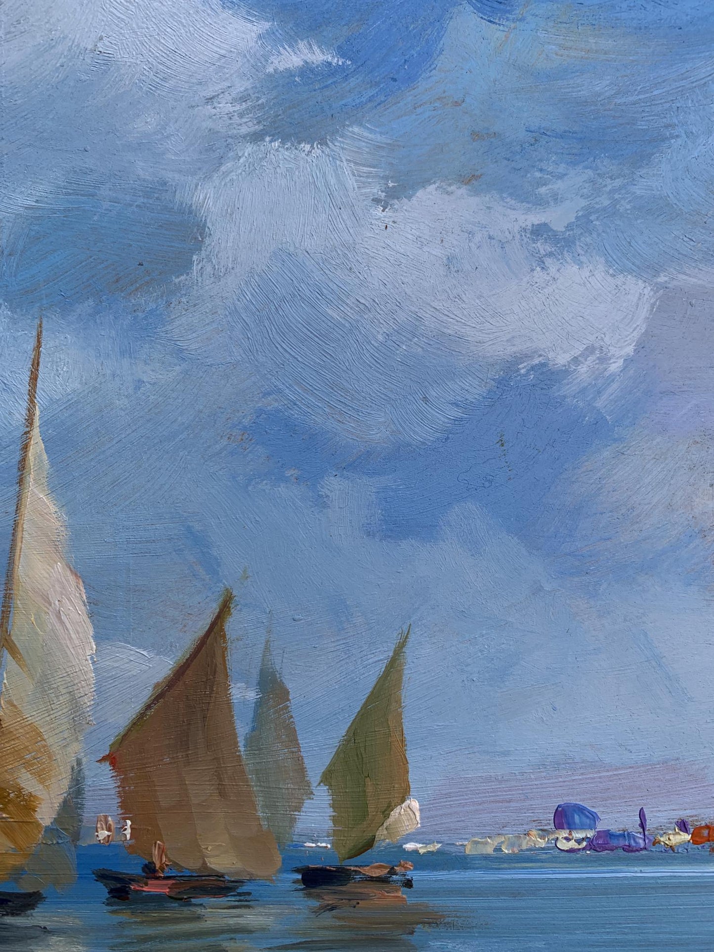 Serene oil painting of sailboats at sea by Yuriy Suprunchuk