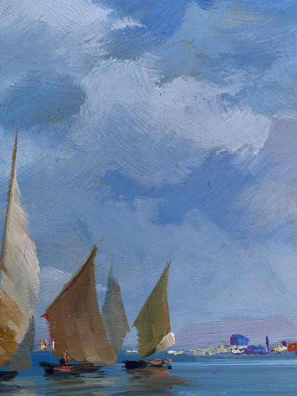 Serene oil painting of sailboats at sea by Yuriy Suprunchuk