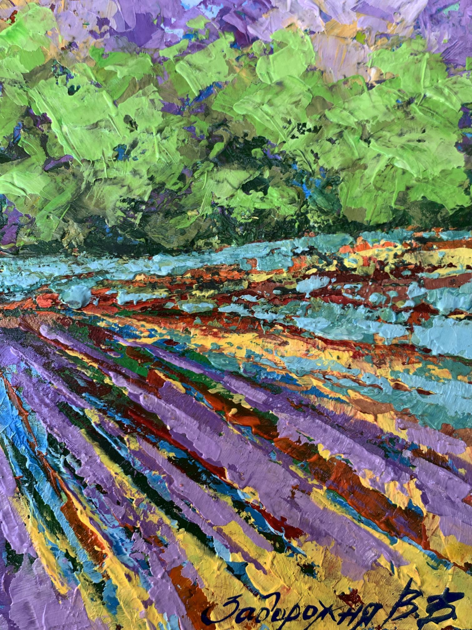Vibrant impressionist oil painting of sunny lavender field near forest by V. Zadorozhnya