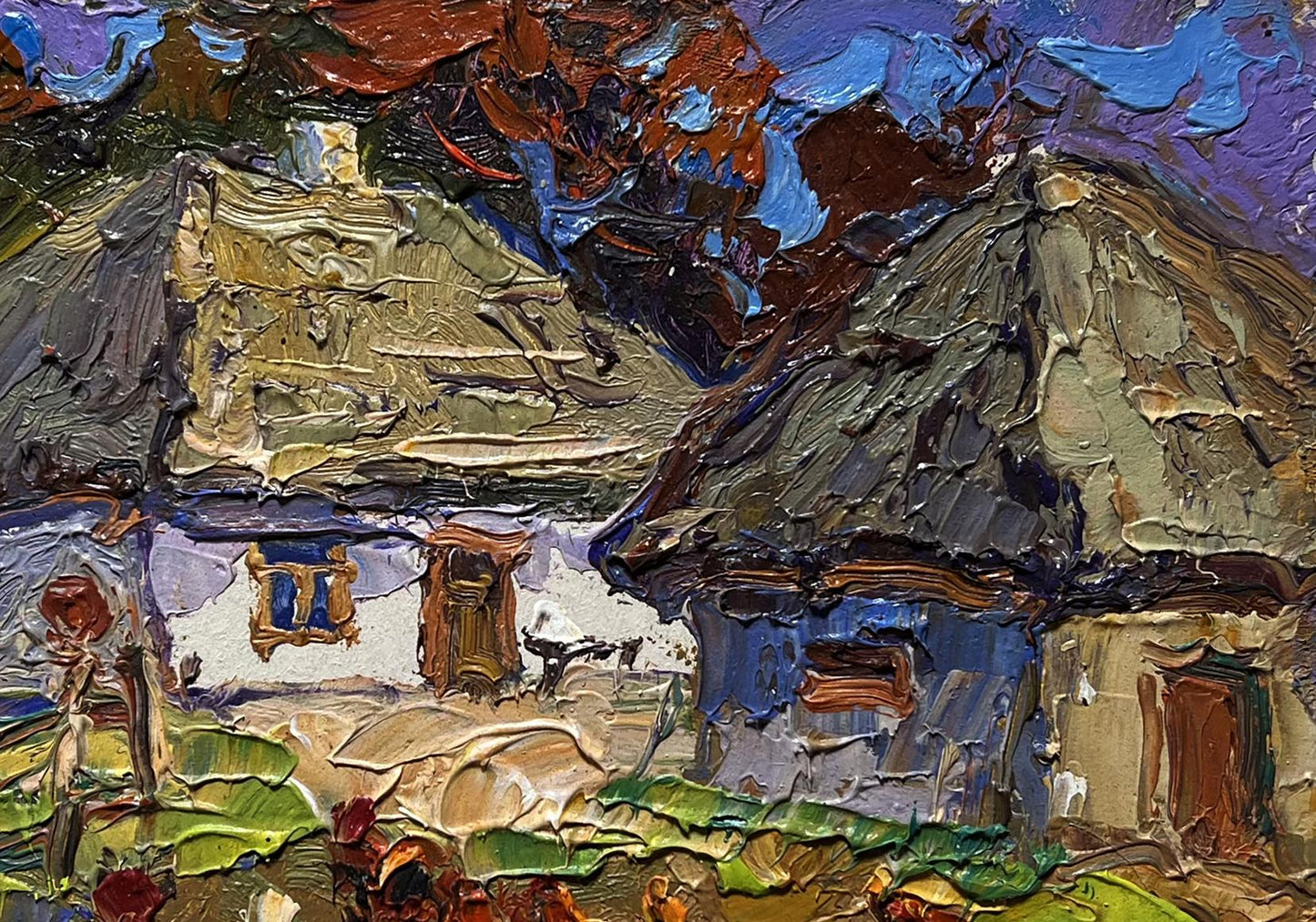 Impasto oil painting by Oksana Ivanyuk: Chickens in yard with thatched cottages